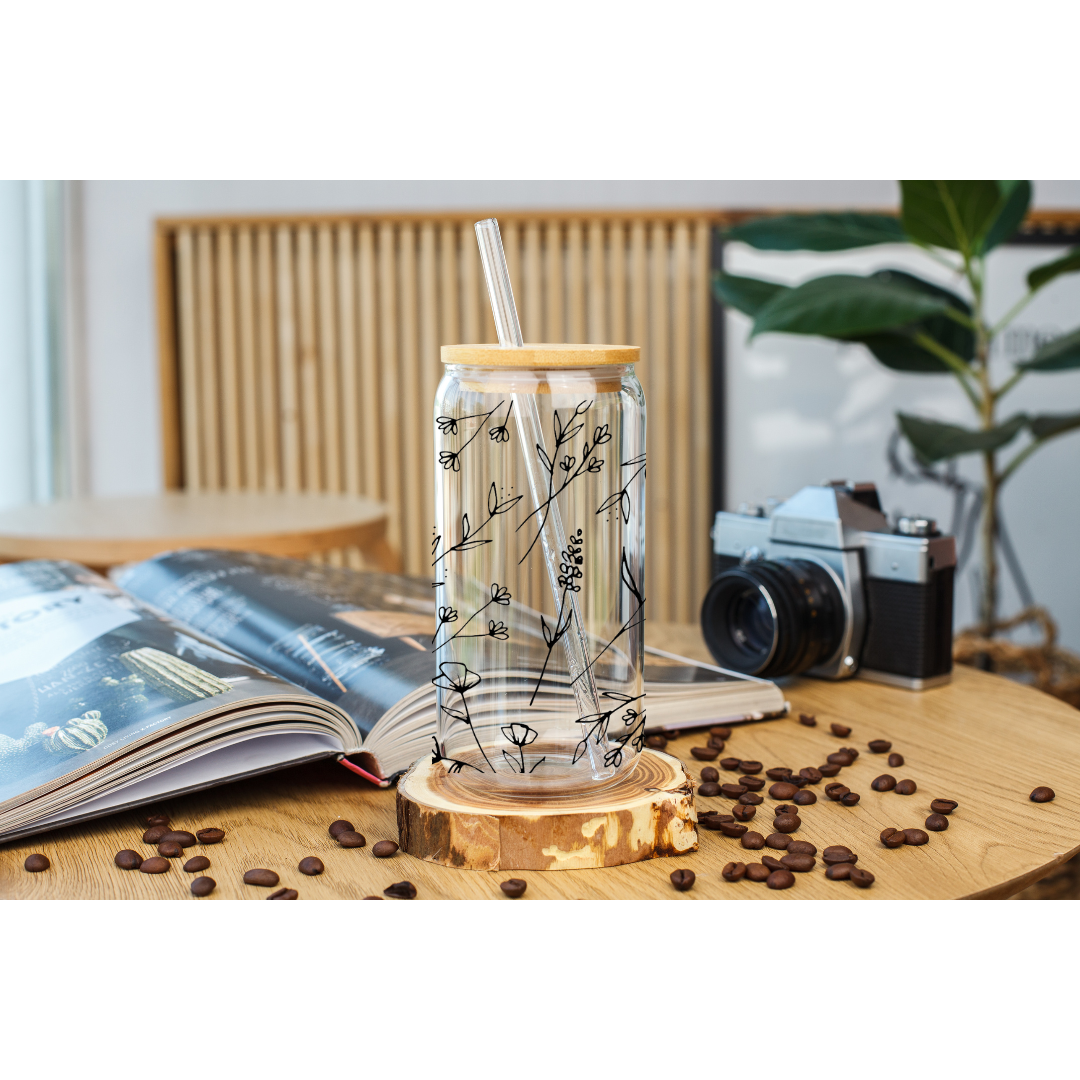 NEW Black Floral Can Glass Cup