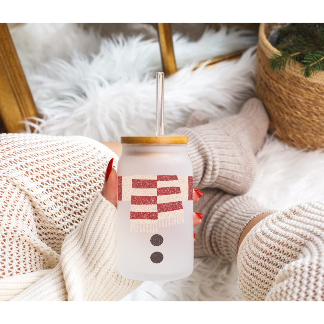 Glitter Snowman Scarf Can Glass Cup